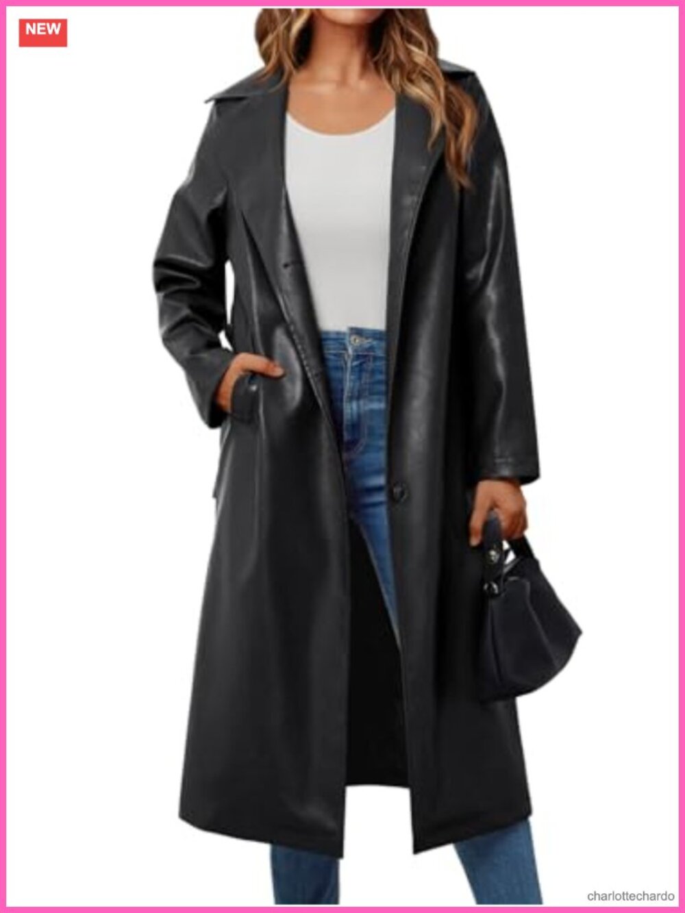 Trendy Queen Womens Faux Leather Trench Coat with Belt - Long Lapel